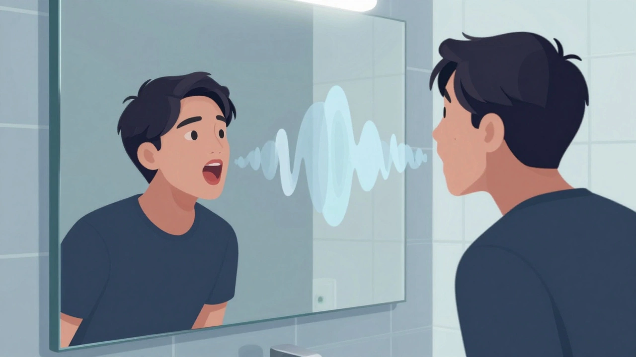 Illustration of a person practicing speaking in front of a mirror.