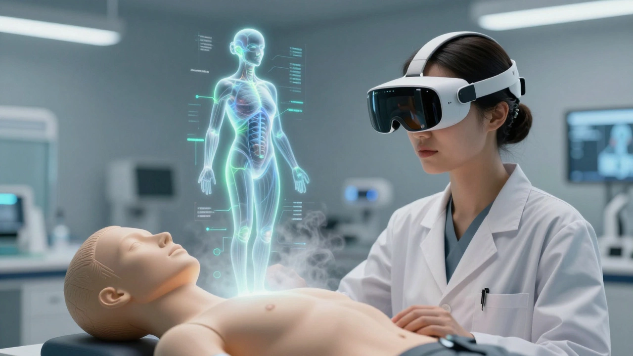 Medical trainer using augmented reality glasses over a physical model.