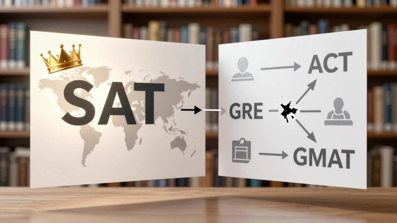 The SAT is shown as a glowing, crowned test compared to dimmer, disconnected alternatives like ACT, GRE, and GMAT in an academic setting.
