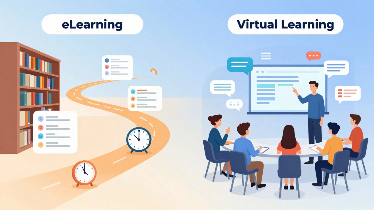 Two symbolic pathways representing self-paced eLearning and live virtual classroom learning.