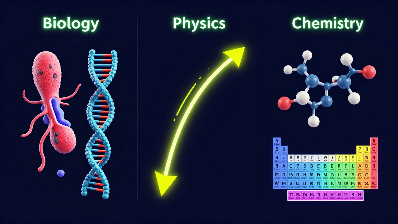 3D educational visuals representing Biology, Physics, and Chemistry concepts