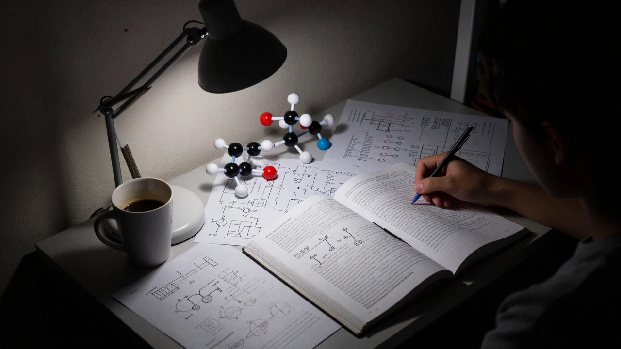 A cluttered student desk with chemistry models and textbooks under a dim lamp, depicting academic burnout.