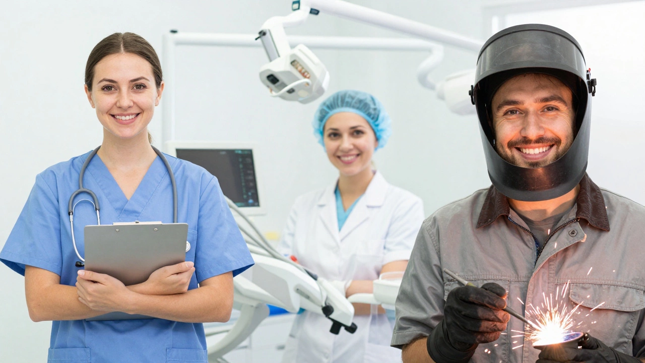 A montage of a nurse, a dental hygienist, and a welder representing diverse vocational careers