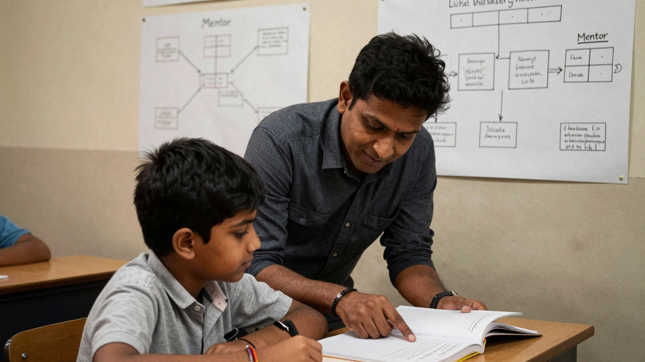 A patient teacher providing personalized guidance to a student in a small classroom