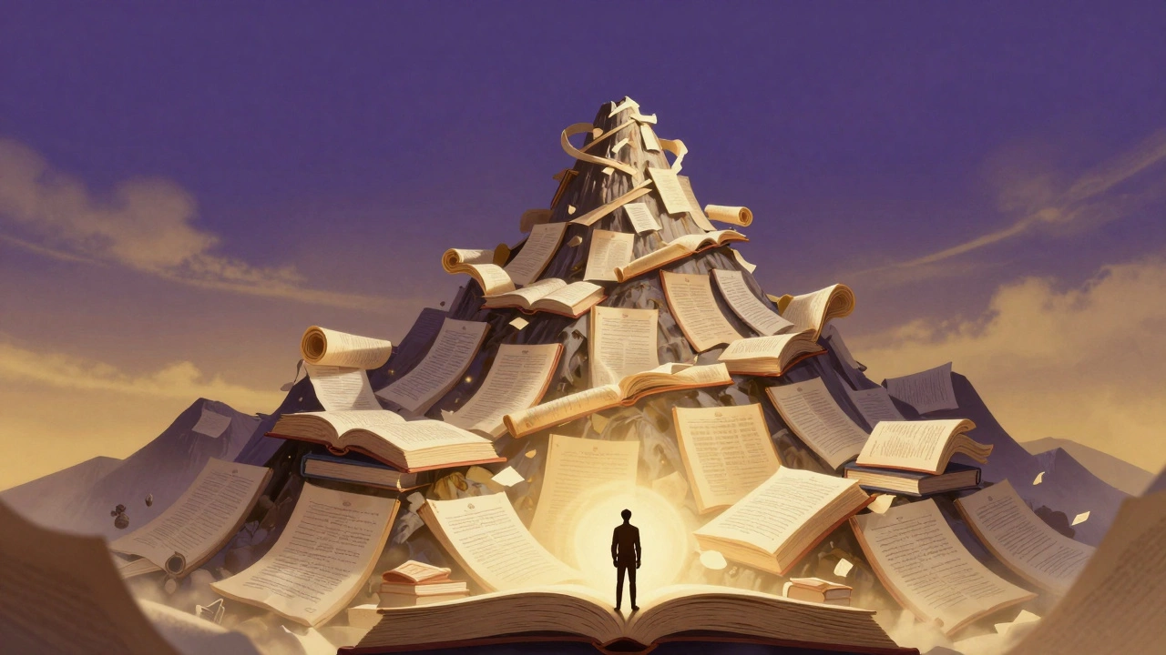 A small figure facing a mountain of giant books, representing the UPSC exam challenge