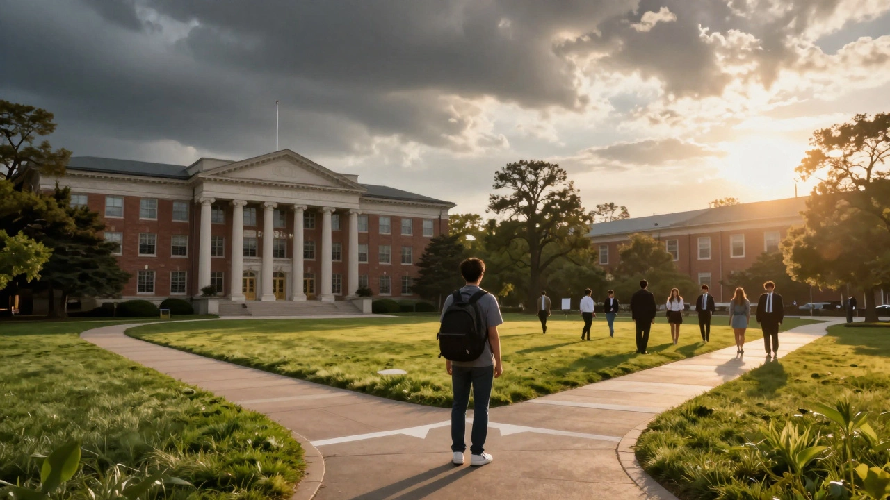 A student at a metaphorical crossroads on campus, choosing between a stressful major and a new path.