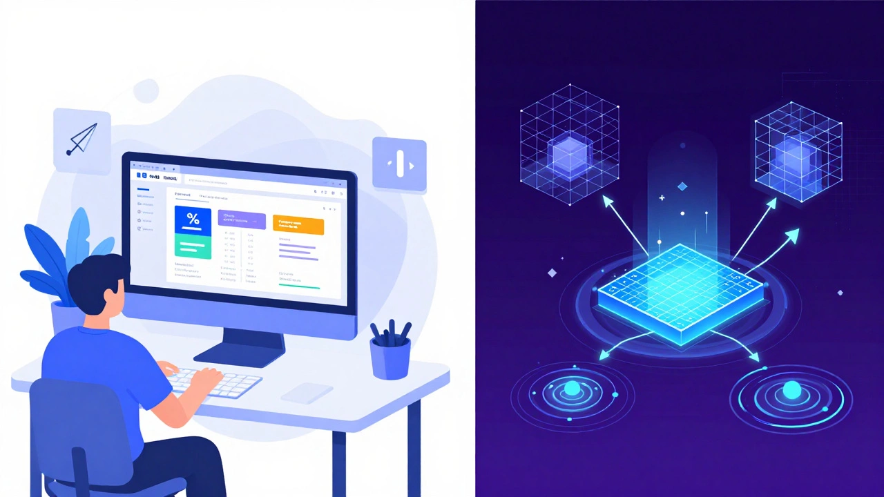 Comparison between simple web design layouts and complex 3D AI matrices and vectors.