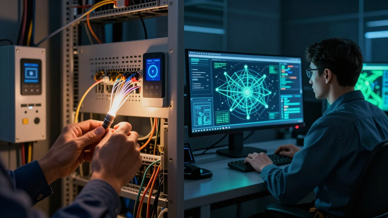 Split view of an electrician working on smart tech and a cybersecurity expert at a monitor