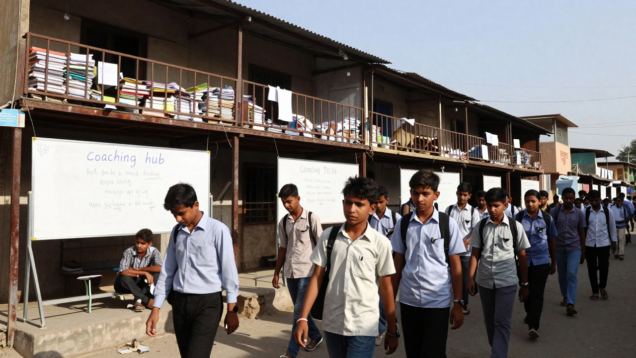 Students walking through a dense coaching hub street in Kota, India