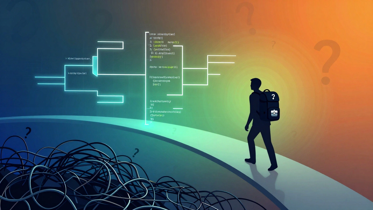 Abstract path showing career transition from chaos to structured coding