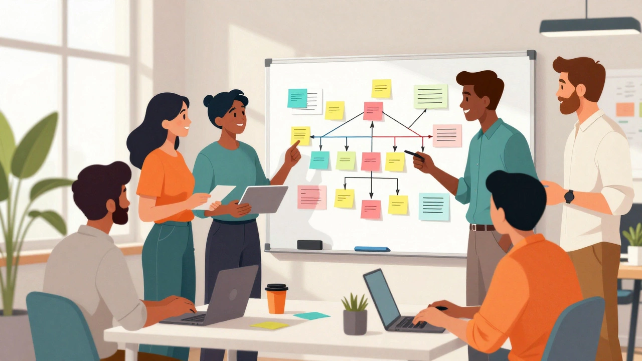 Diverse team of product managers collaborating creatively in a bright office