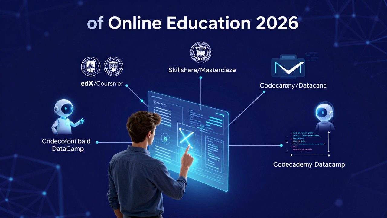 Futuristic digital art showing AI-enhanced learning paths branching into skills and degrees.