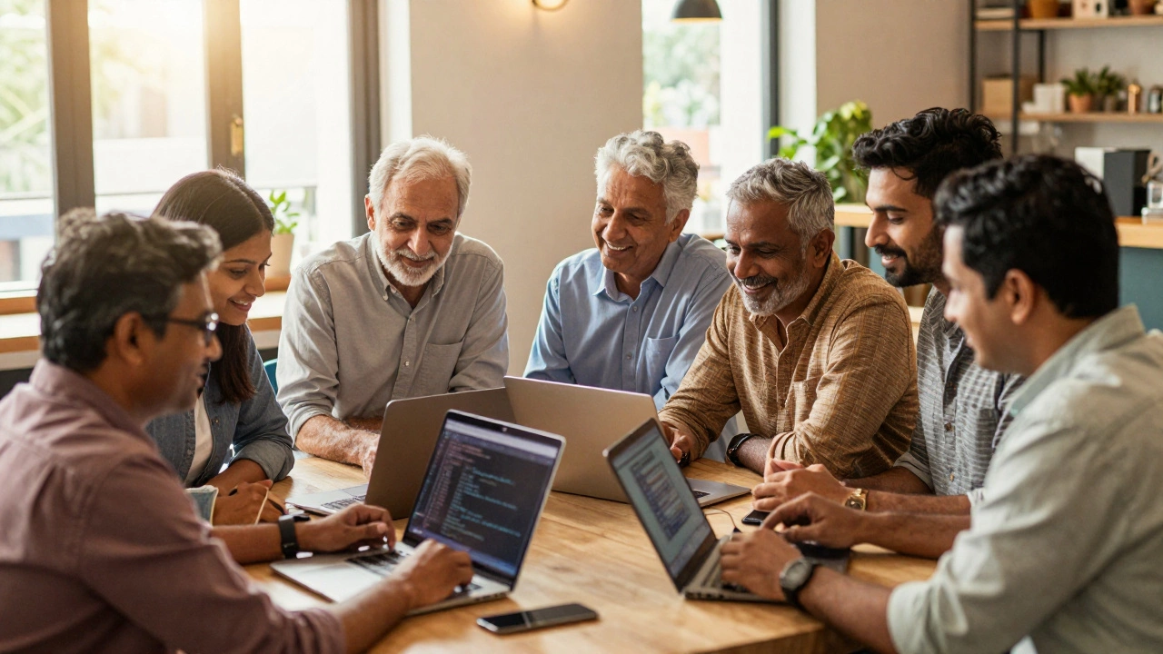 Group of older adults collaborating on coding projects in a cafe
