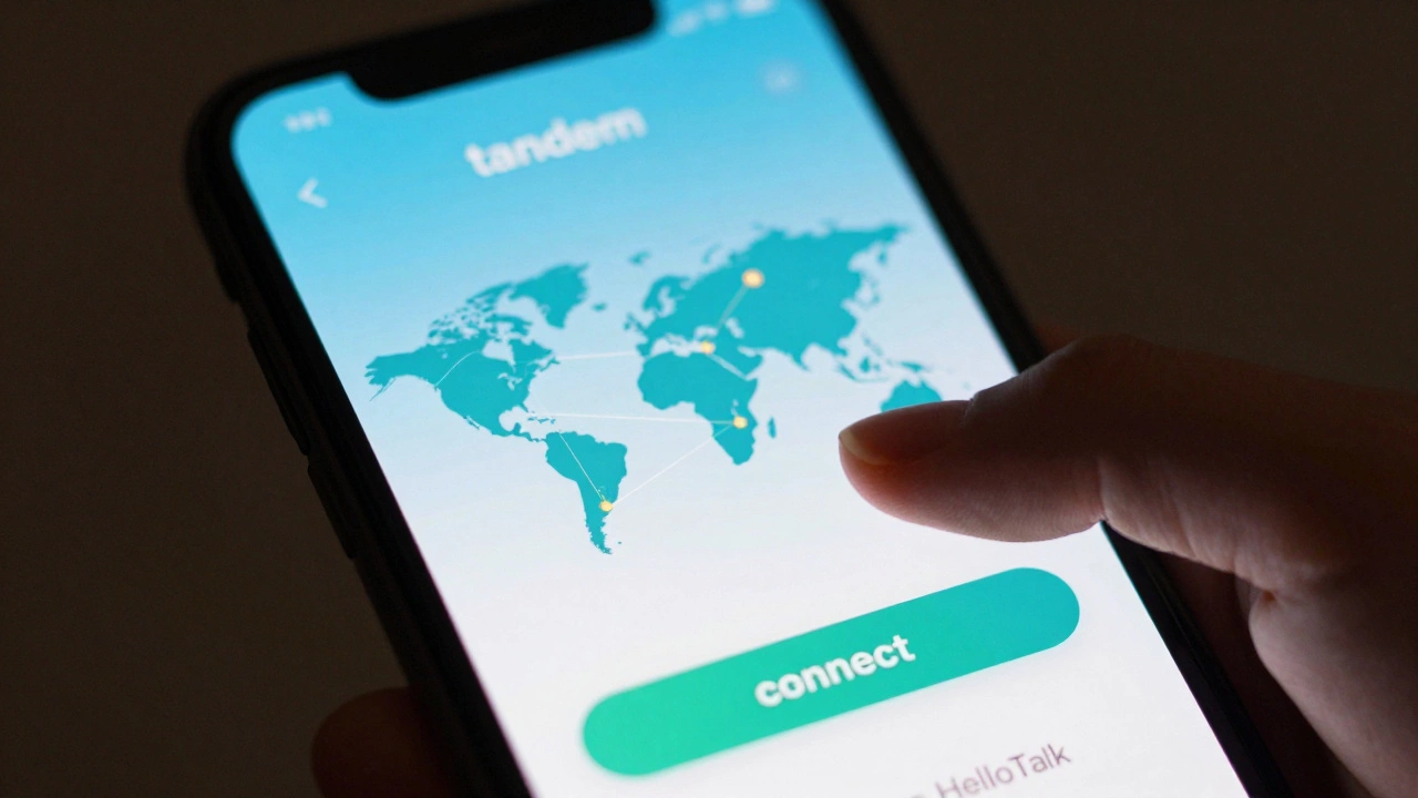 Hand using a smartphone for language exchange apps connecting globally.