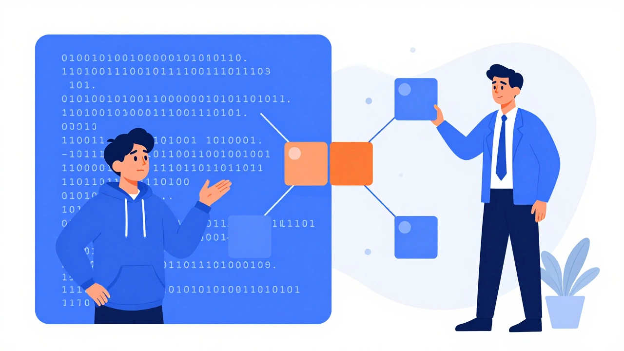 Illustration comparing young coder confusion with experienced adult logic