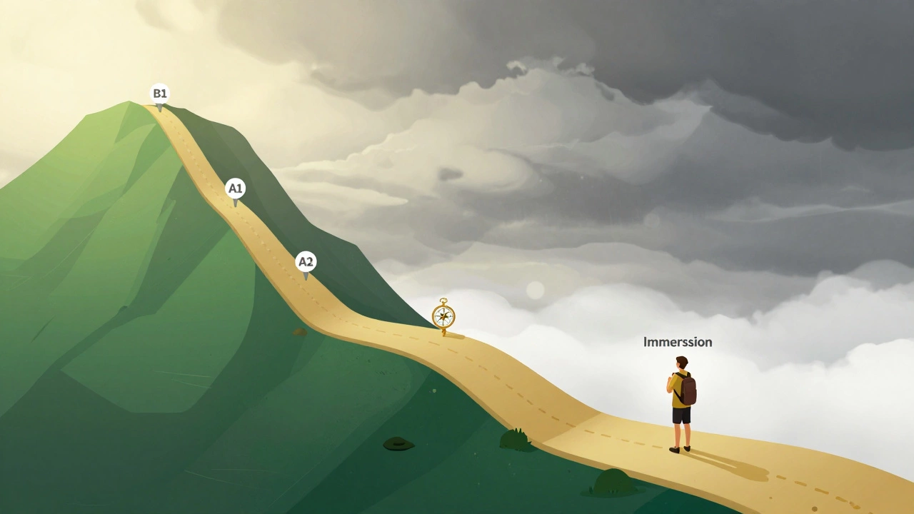 Illustration of a hiker pausing on a mountain plateau path