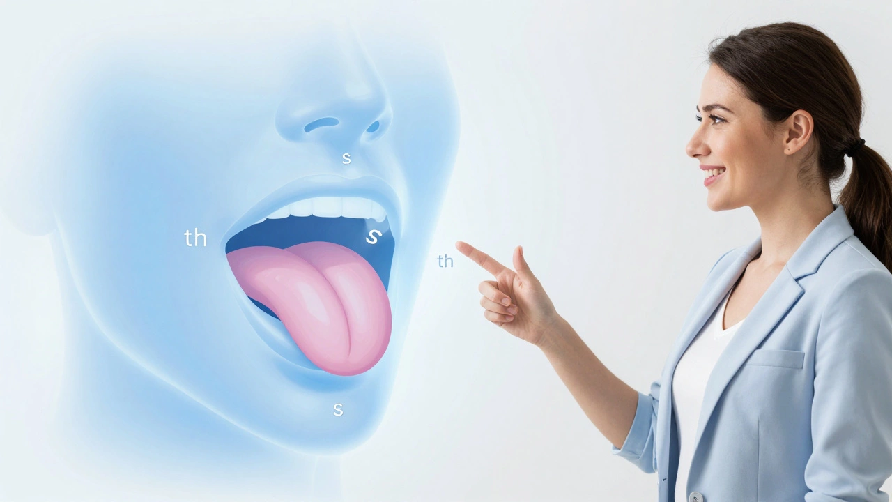 Illustration of a teacher explaining mouth positions for pronunciation