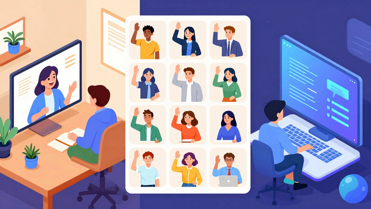 Illustration showing various online English learning methods including tutoring and AI.