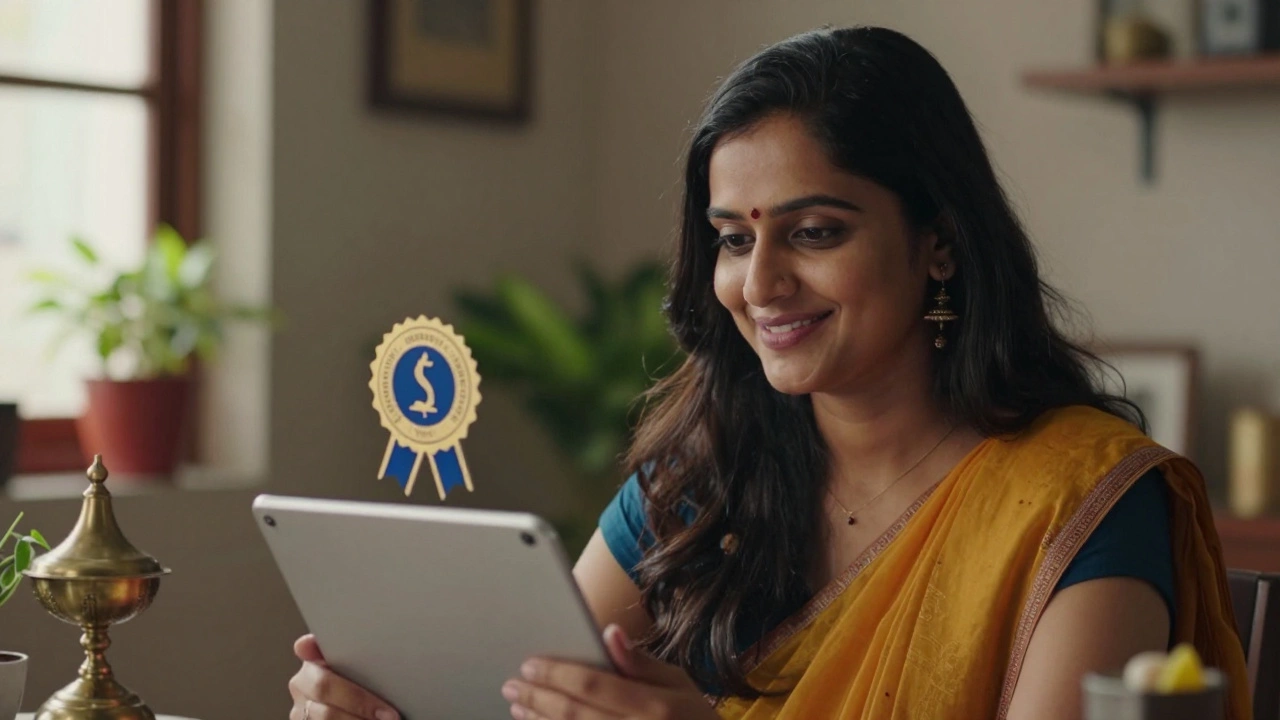 Indian woman proudly displaying a digital certification badge on her tablet at home.
