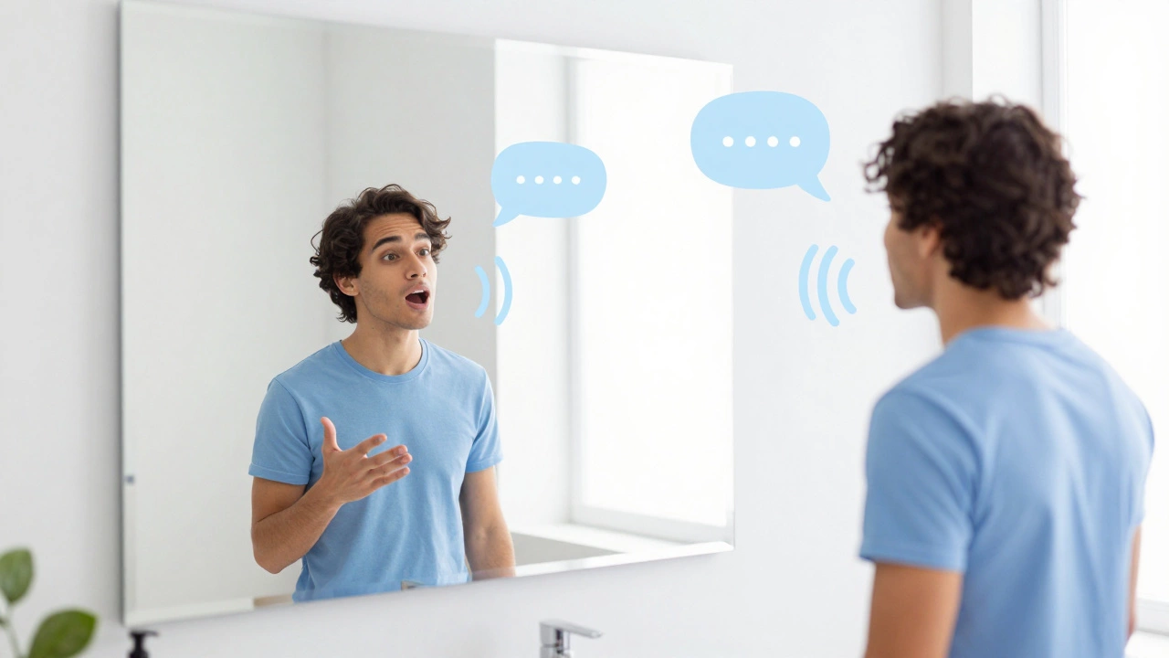 Individual practicing speaking aloud while looking into a mirror