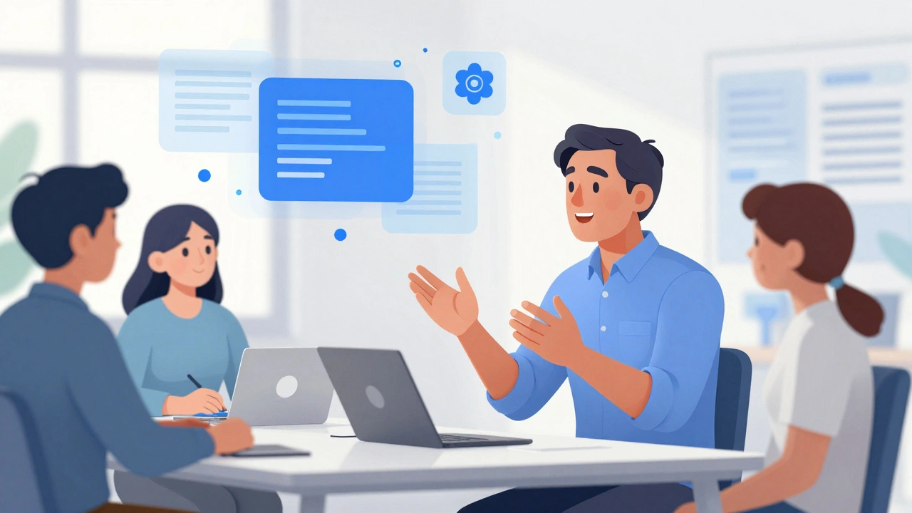 Mature developer leading a collaborative discussion with younger peers