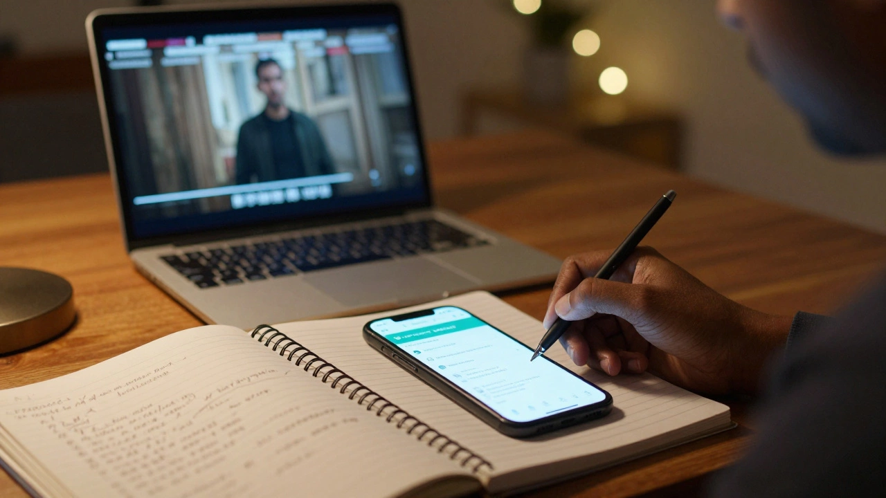 Person studying English at home with notebook and phone