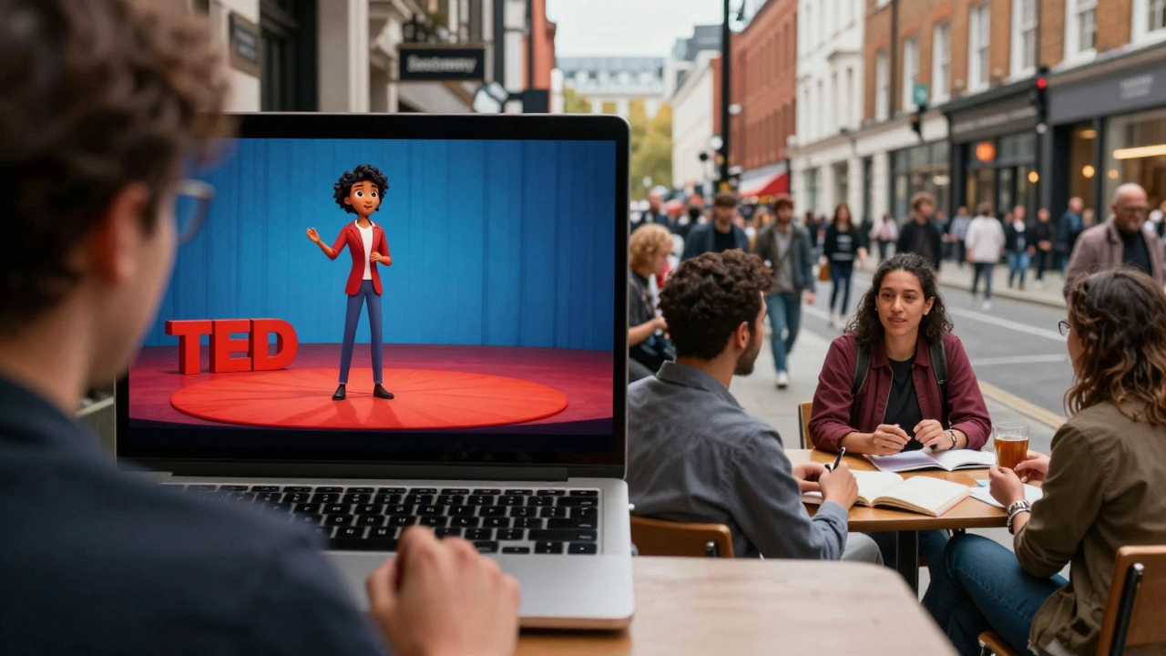 Person watching educational animation blending into a city street