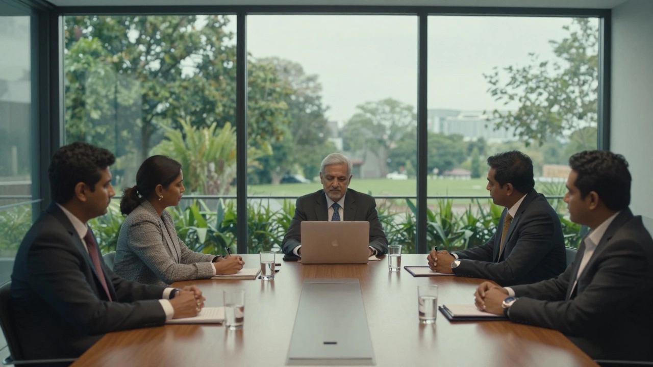 Serene corporate strategy meeting in a spacious, modern boardroom