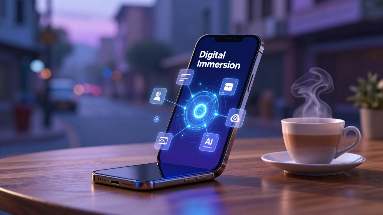Smartphone on desk with abstract digital connection graphics