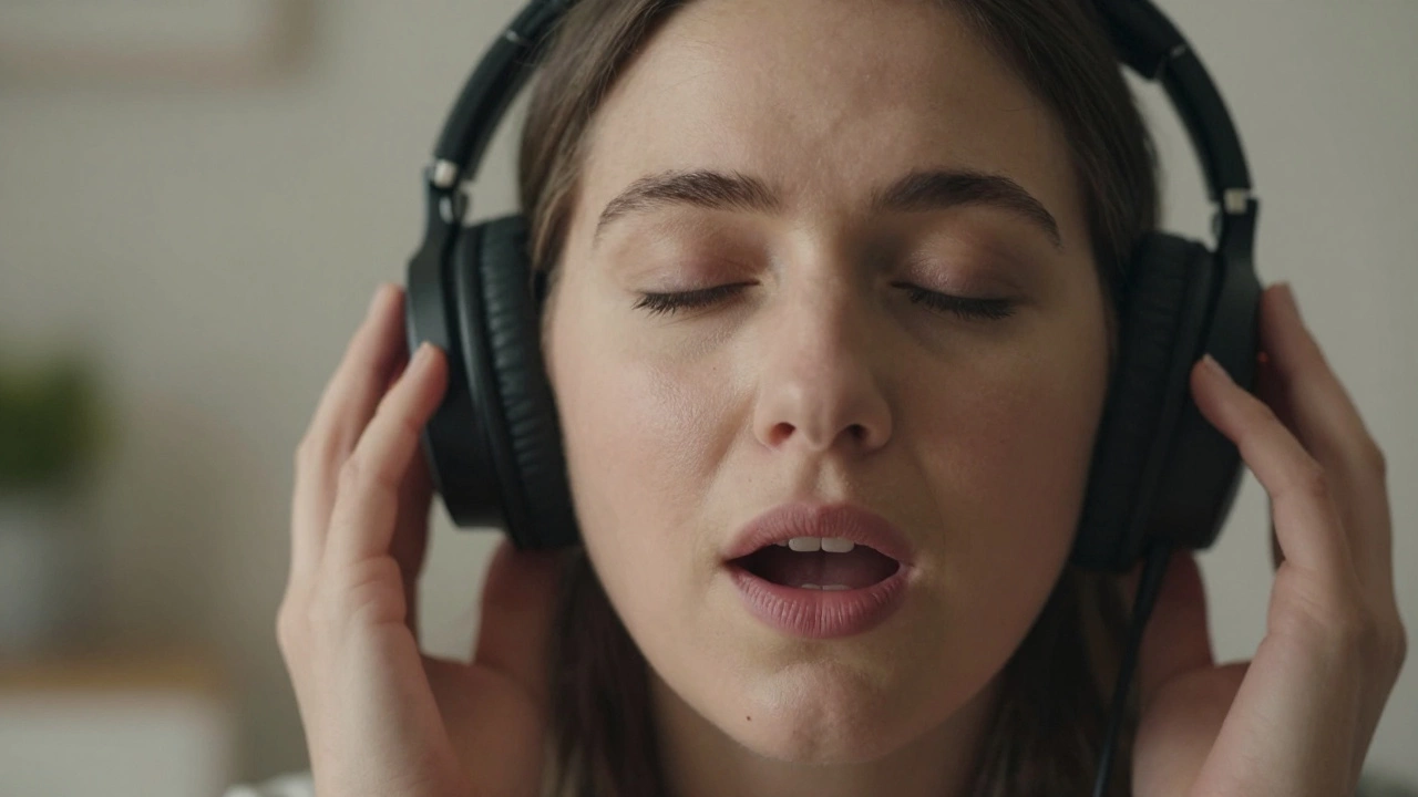 Close-up of person wearing headphones practicing speech shadowing