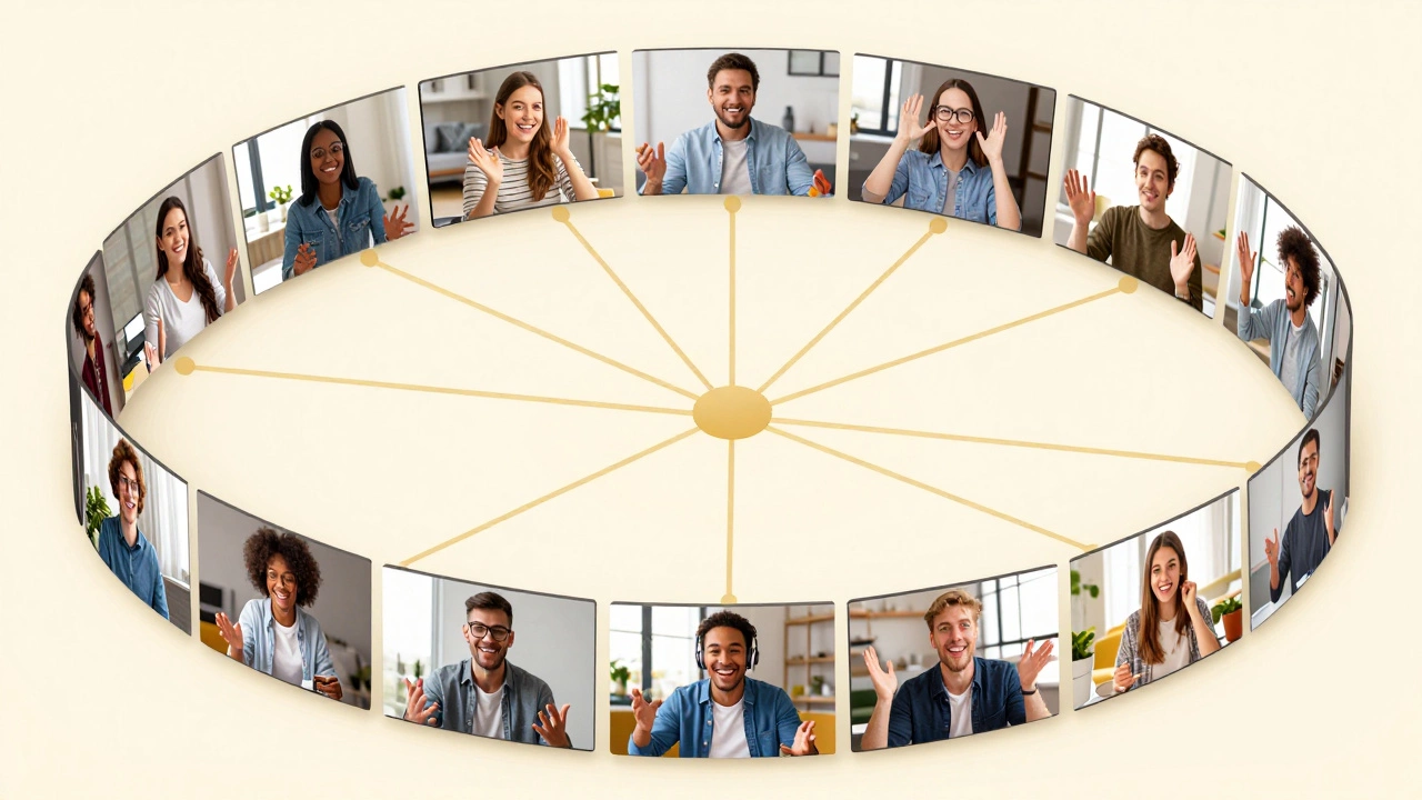 Diverse group connected via video call tiles with golden threads