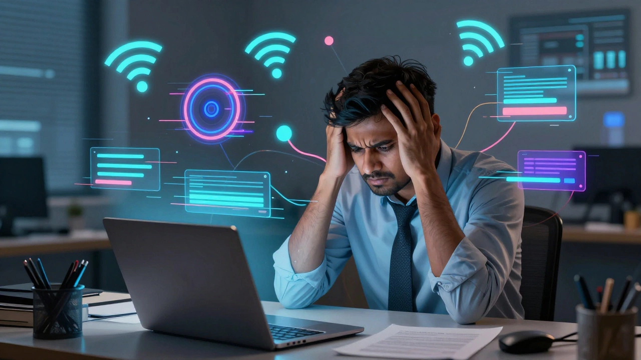 Frustrated student surrounded by glitching tech symbols and errors