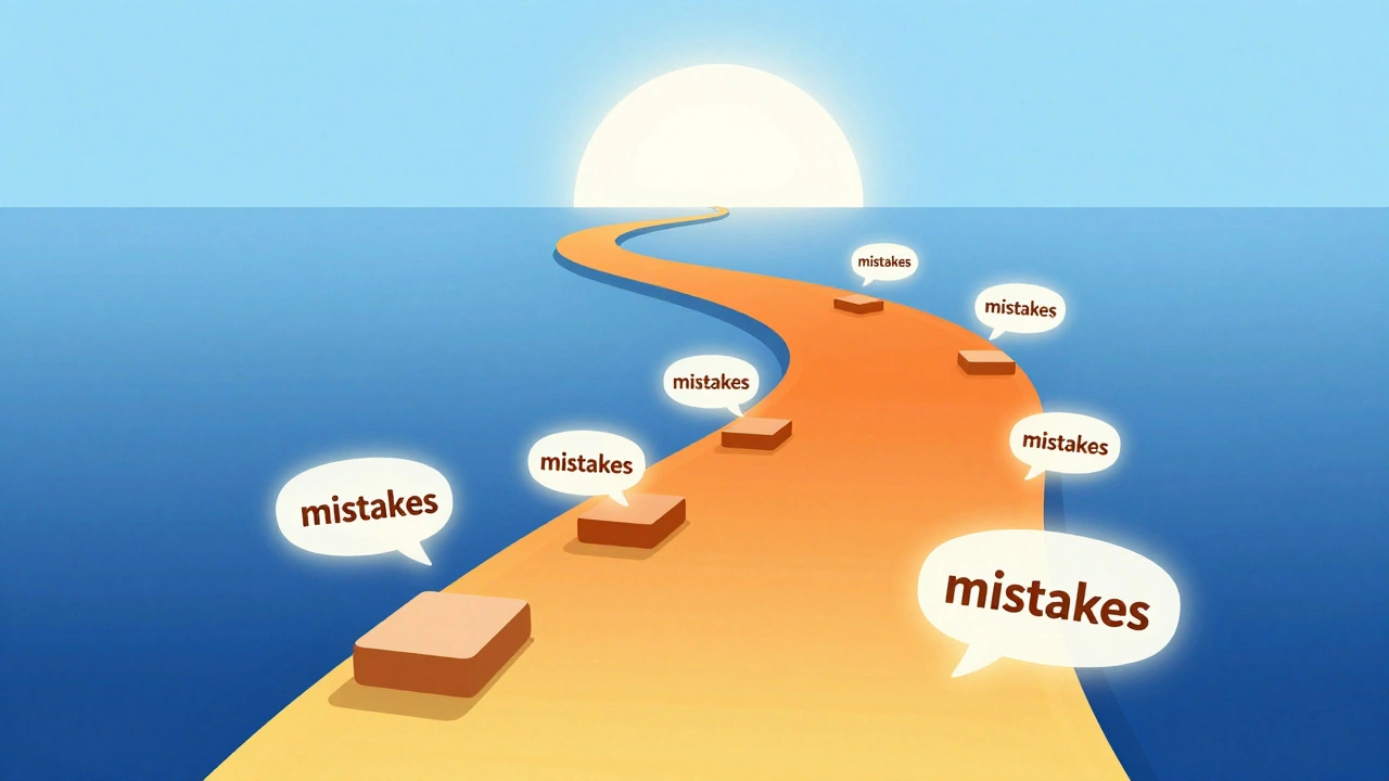 Metaphorical path of glowing speech bubbles showing language learning journey