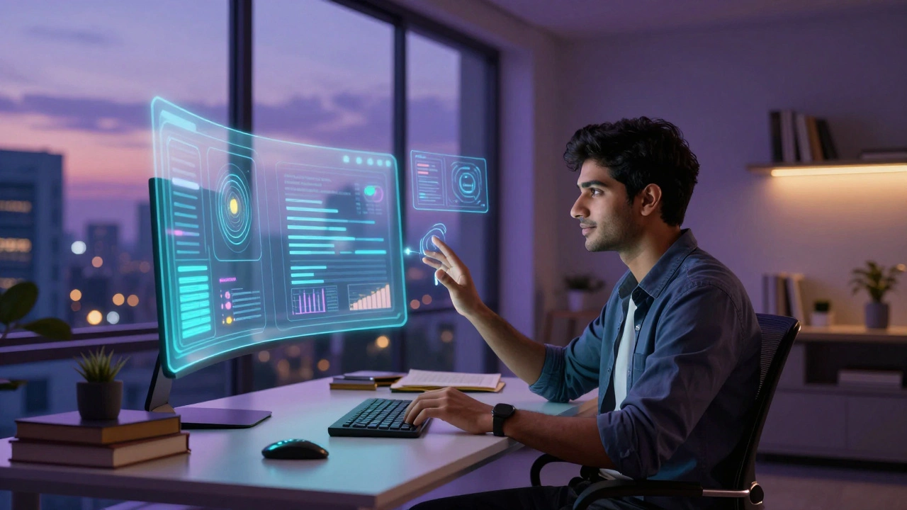 Professional using AI holographic tutors for personalized learning
