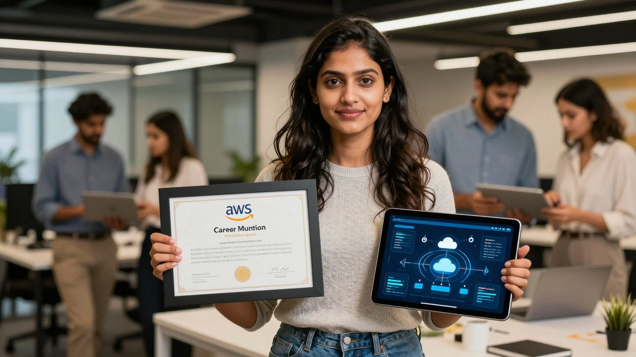 Woman holding certificate and showing tech dashboard