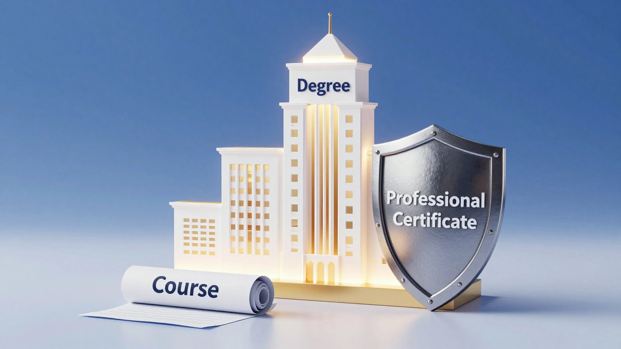 3D concept art comparing value of course certificates vs degrees