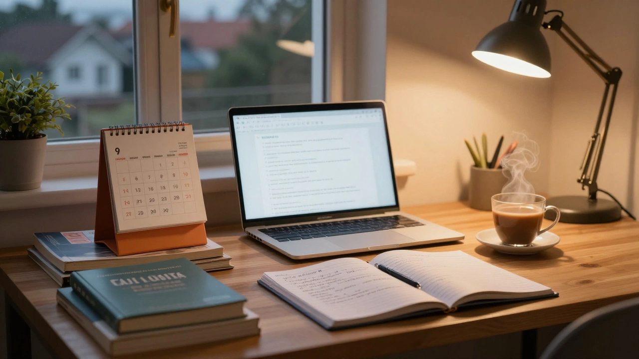 Organized study desk with books and notes for exam preparation