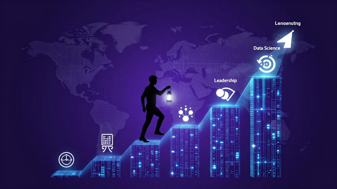 Silhouette climbing a glowing staircase of skills and data points towards career growth