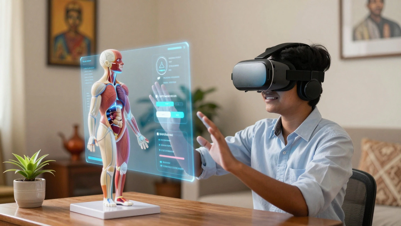 Student using VR headset for immersive remote education experience