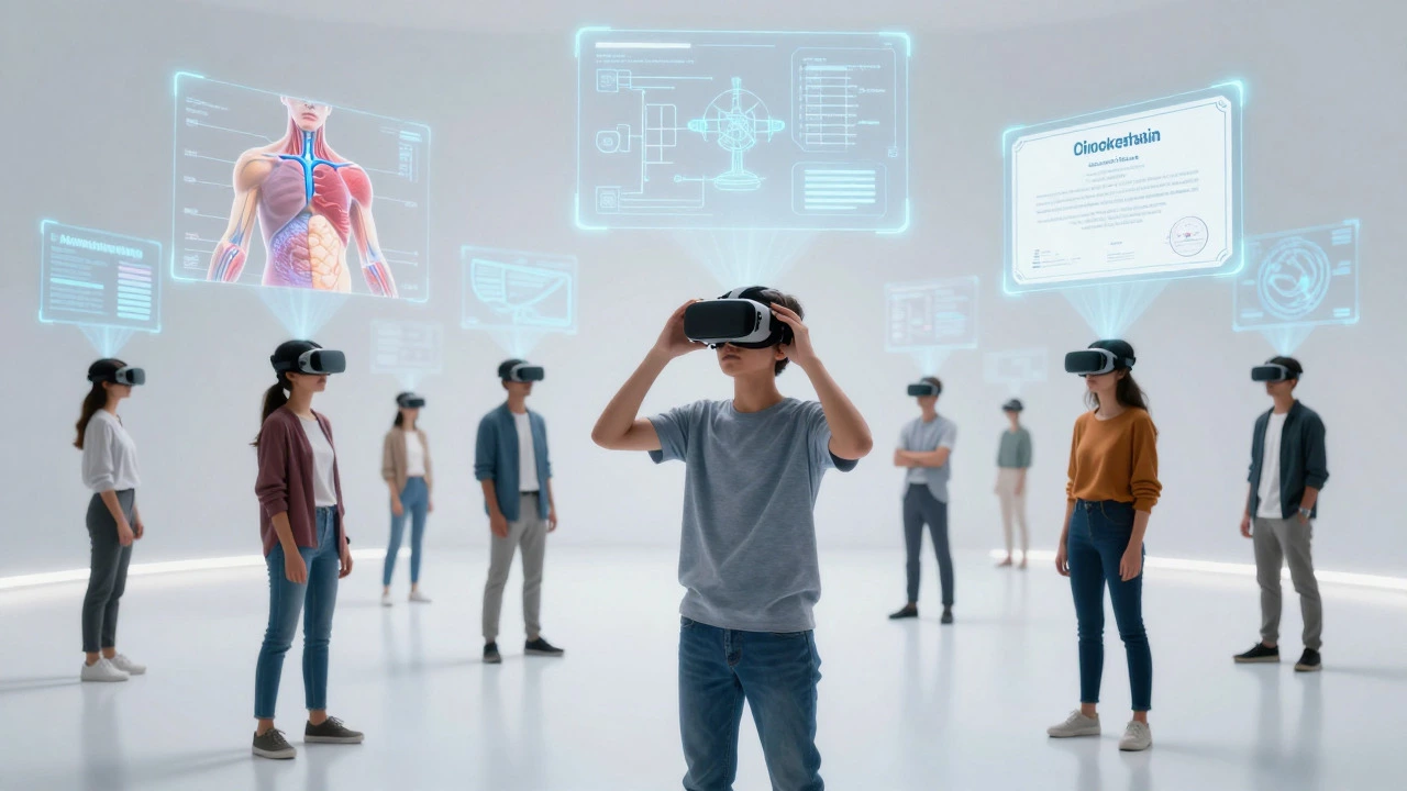 Students using VR headsets for immersive holographic learning