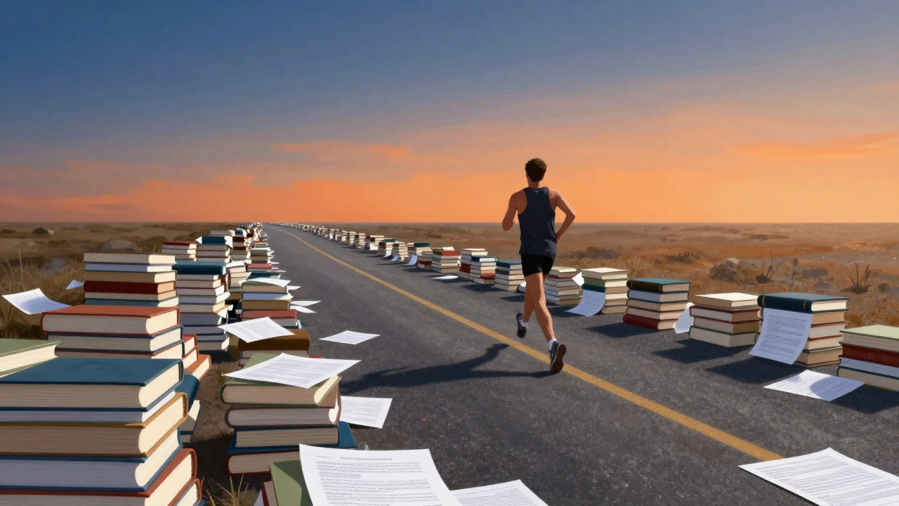 A conceptual runner on a path made of books, symbolizing exam endurance