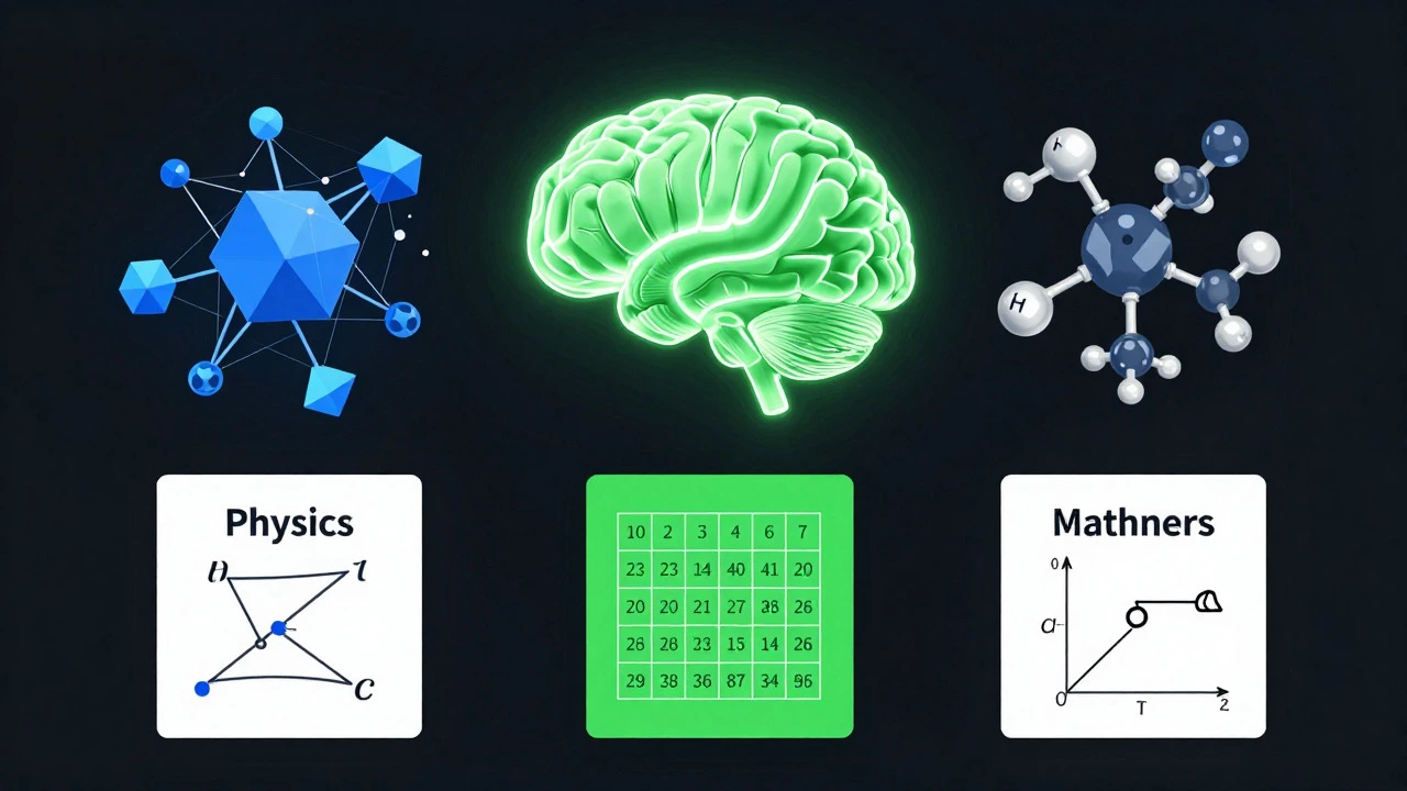 Abstract illustration of physics, chemistry, and math concepts