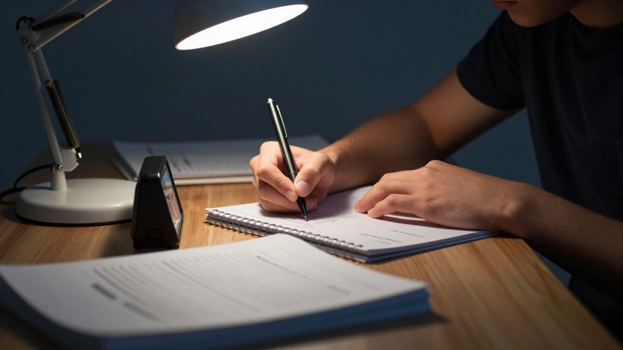 Close-up of hands studying at night with a timer, showing discipline
