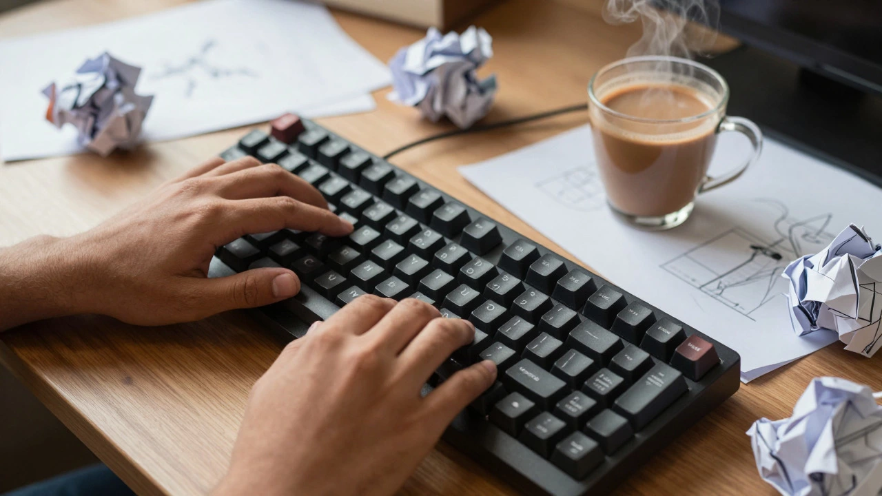 Close-up of hands typing on a keyboard with crumpled papers and a cup of chai on a wooden desk
