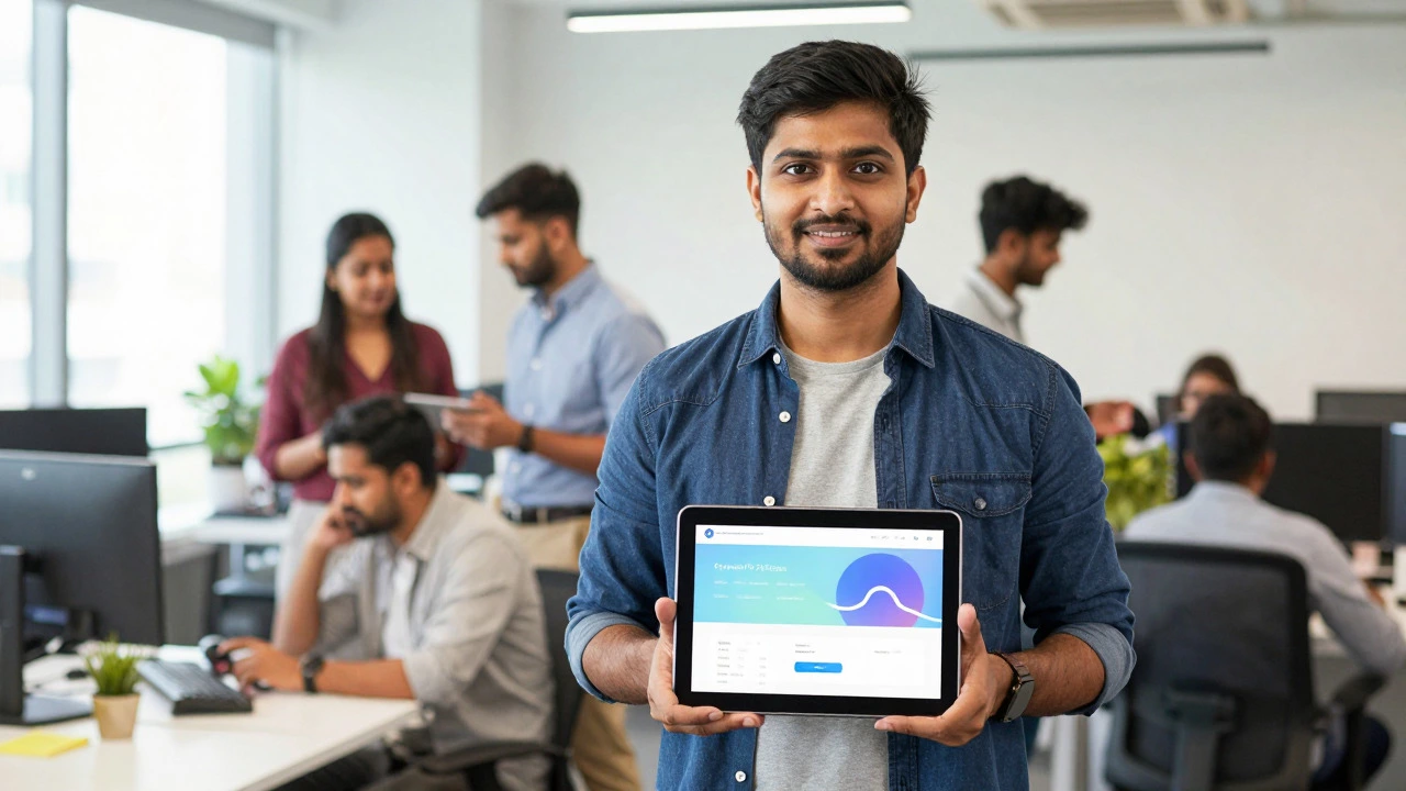Confident junior developer showcasing work in a modern tech office