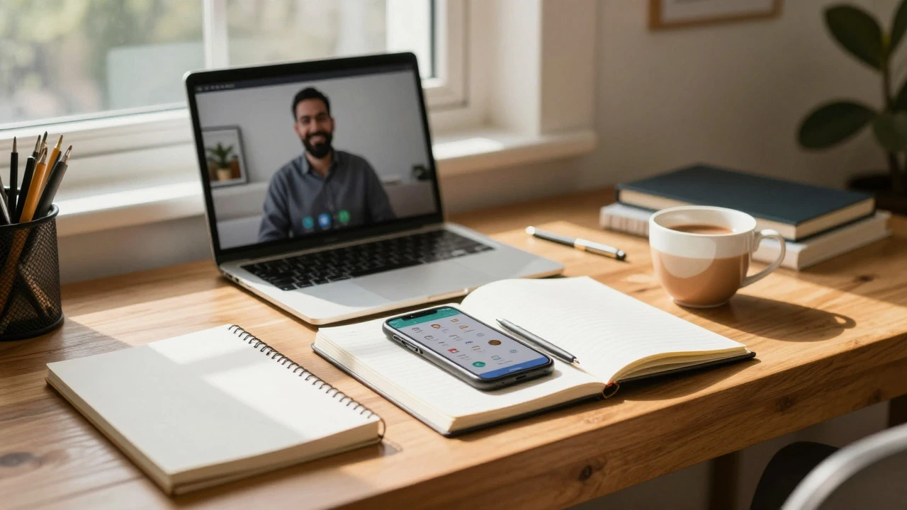 Cozy home study setup for daily English practice with phone and laptop