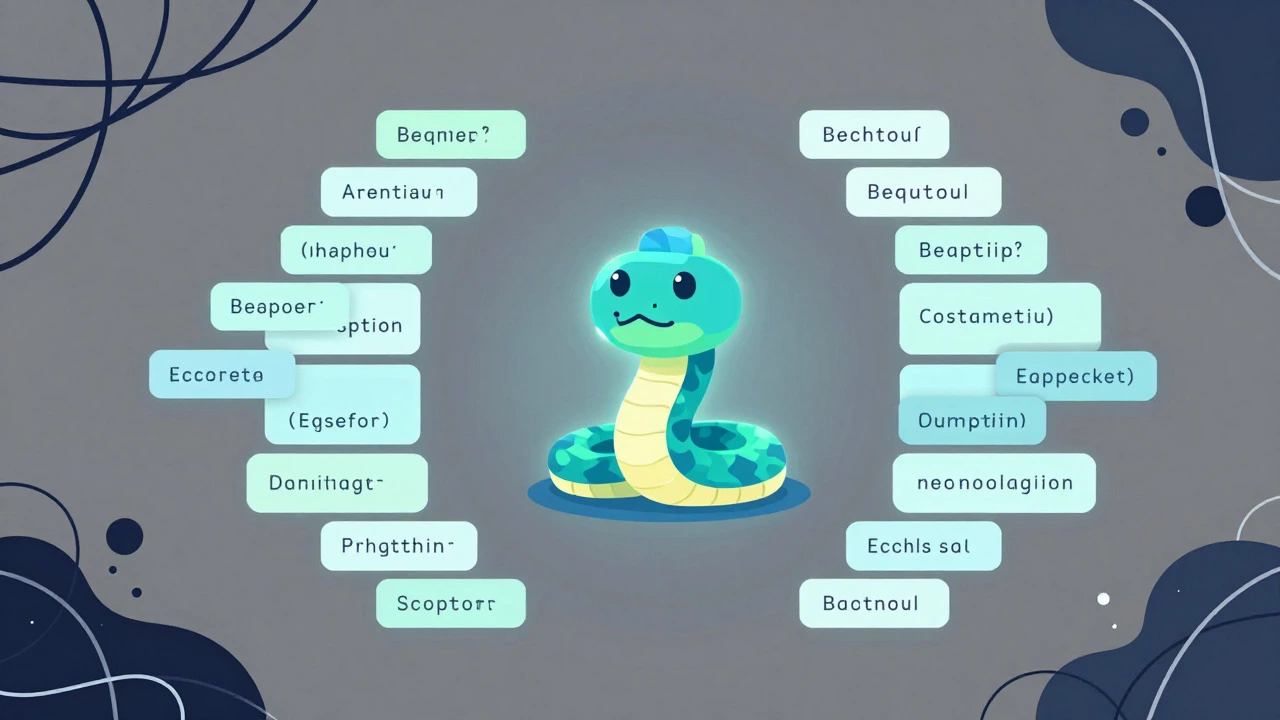 Illustration showing Python's simple syntax represented by a friendly snake and clear light blocks