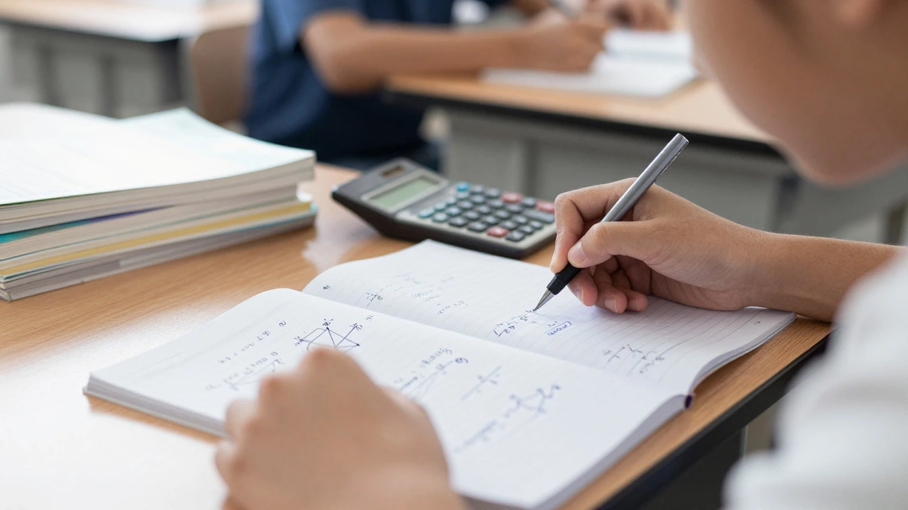 Student hands solving math problems in a notebook during a study session