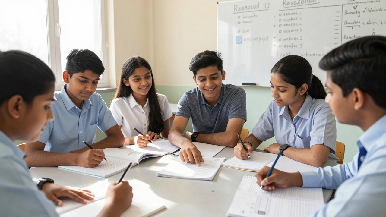 Students collaborating on study strategies in a bright classroom