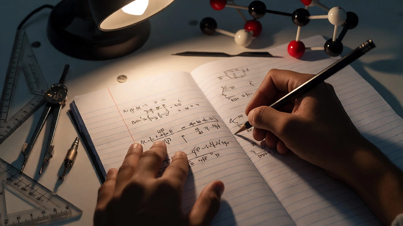 Close-up of a student solving math and chemistry problems under desk lamp light